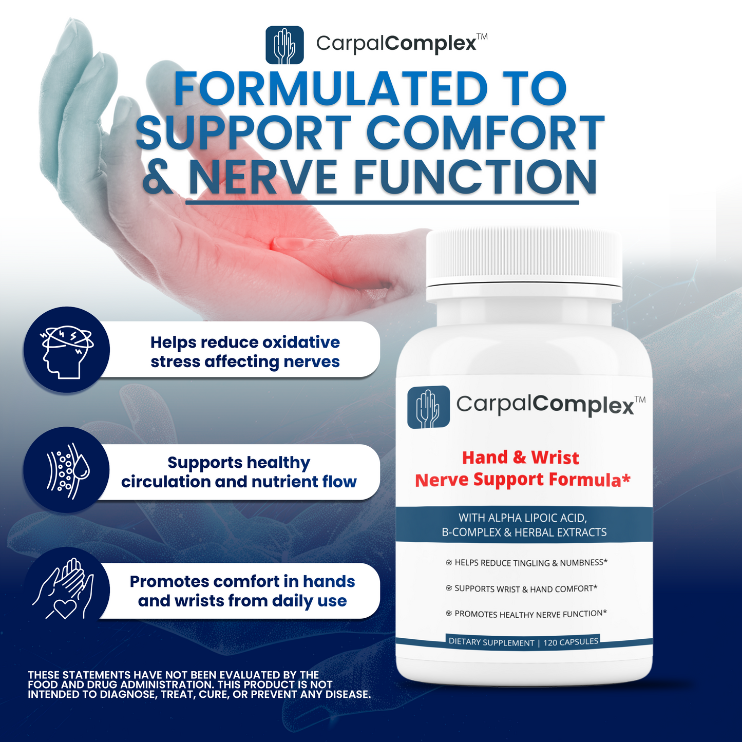 CarpalComplex – Carpal Tunnel Nerve Support Supplement – B Complex + Alpha Lipoic Acid – Helps Reduce Tingling & Numbness – 120 Capsules
