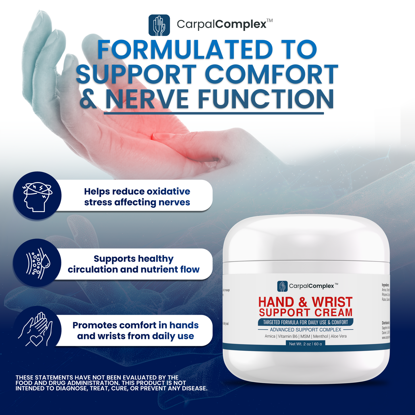 Carpal Complex Nerve Support Cream – Topical Relief with Menthol, Arnica & B6 – Soothing Formula for Hands, Wrists & Elbows